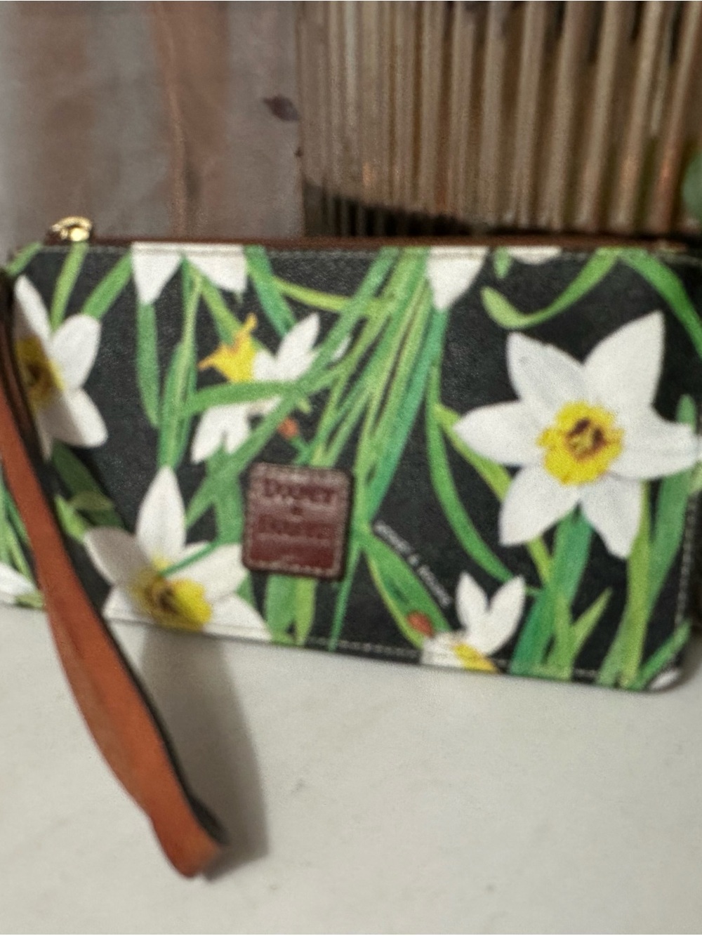 Dooney & Bourke Floral Black & Green Wristlet Clutch with White Daffodil Print